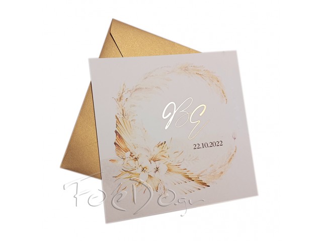 Πρόσκληση Boho 22121Goldprint για γάμο με Palm spear και Pampas grass